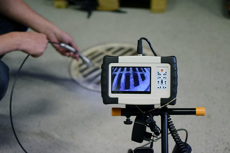 An expert plumber uses a video drain snake to see inside a clogged sewer pipe in Georgetown, TX.