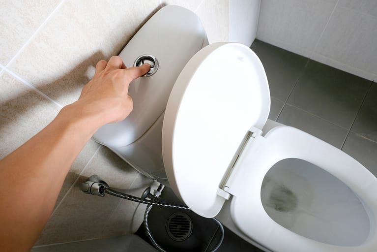 A hand flushing a toilet that has clogged in Georgetown, TX.