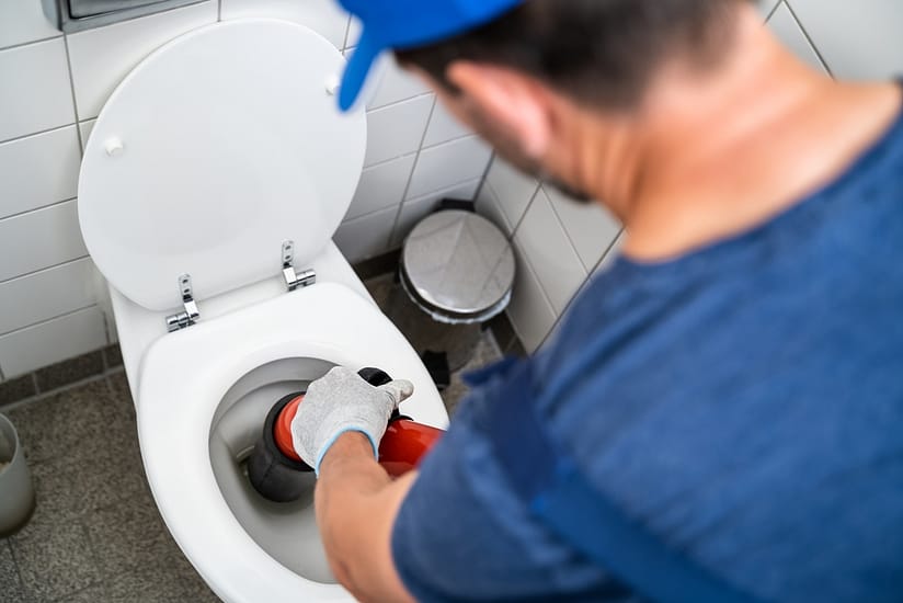 A plumber using a special suction tool to extract a blockage preventing a toilet from flushing in Austin, TX.